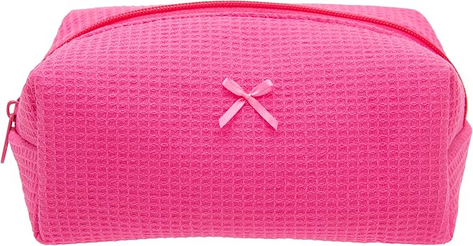 PAZIMIIK Cozy Makeup Bag Travel Cosmetic Bag for Women Soft Toiletry Bag Aesthetic Makeup Organizer Portable Large Zipper Pouch for Skincare Beauty Accessories Brushes Waffle Hotpink