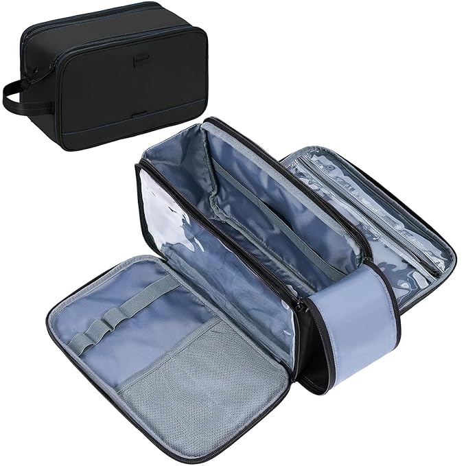 ZEEMO Travel Toiletry Bag for Men, Large Water-Resistant Double-Sided Full-Open Dopp Kit, Versatile Organizer for Shower and Hygiene Accessories, Bathroom Essentials, Cosmetics, Black and Blue