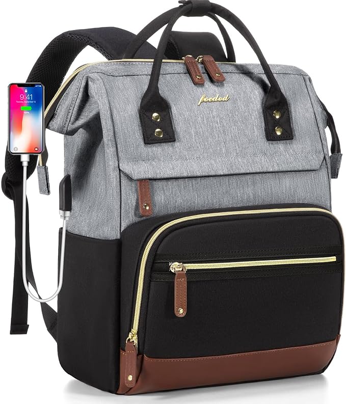 Focdod Laptop Backpack 15.6 Inch Professional Womens Purse Computer Bag Nurse Teacher Backpack Waterproof College Work Bags Carry on Travel Back Pack with USB Port, Black-Grey-Brown