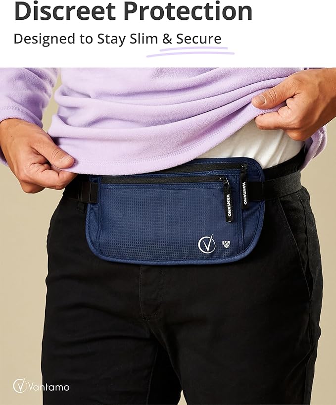 Vantamo Money Belt with RFID For Men & Women, Hidden Passport Holder for Travel, 2 Compartment Travel Fanny Pack for Women Anti Theft