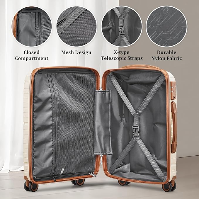 Joyway Luggage Sets 10 Piece PP Hardshell Carry on Suitcase, Travel Lightweight Carry-on with Double Spinner Wheels and TSA Lock, Beige Brown