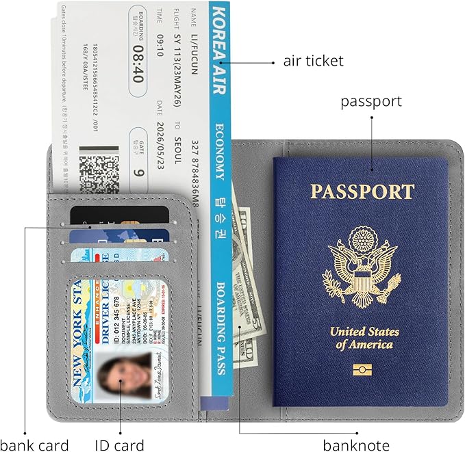 Passport Holder for Travel Essentials,RFID Blocking Passport Cover Wallet Card Case for Women and Men (Gray)