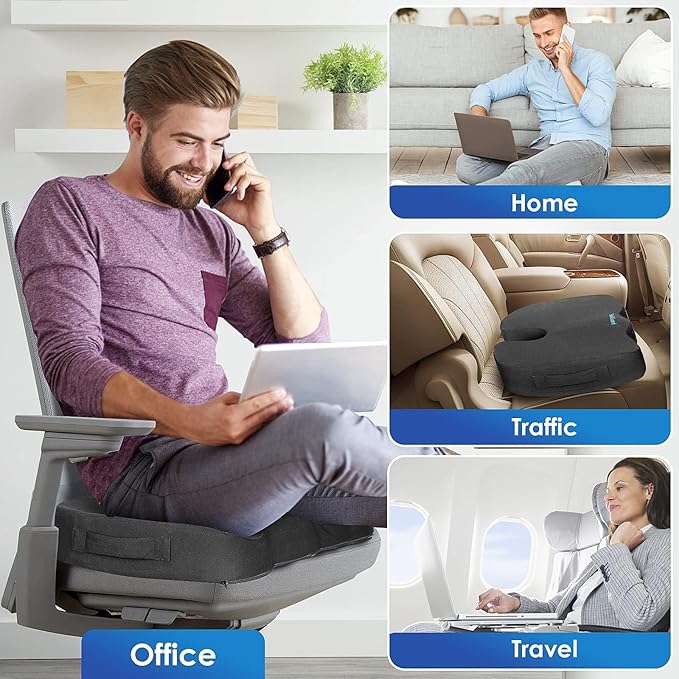 TushGuard Seat Cushion for Office Chair Memory Foam Non-Slip Cushion Back, Coccyx, Sciatica, Tailbone Pain Relief Butt Pillow for Office Chair, Car, Wheelchair, Grey, X-Large