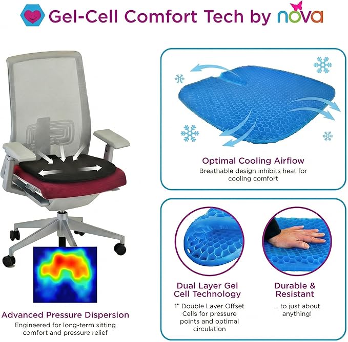 NOVA Extra Wide Cooling Gel Seat Cushion 17” x 18” – Breathable Honeycomb Design for Pressure Relief, Non-Slip Chair Pad with Handle for Office Chair, Car & Wheelchair