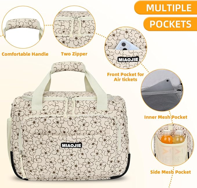 Underseat Carry On Luggage Lightweight Travel Tote Weekender Bag Overnight Duffle Bag for Travel, Travel Essentials Personal Item Travel Bag for Women, Corduroy Small Flower-16Inch