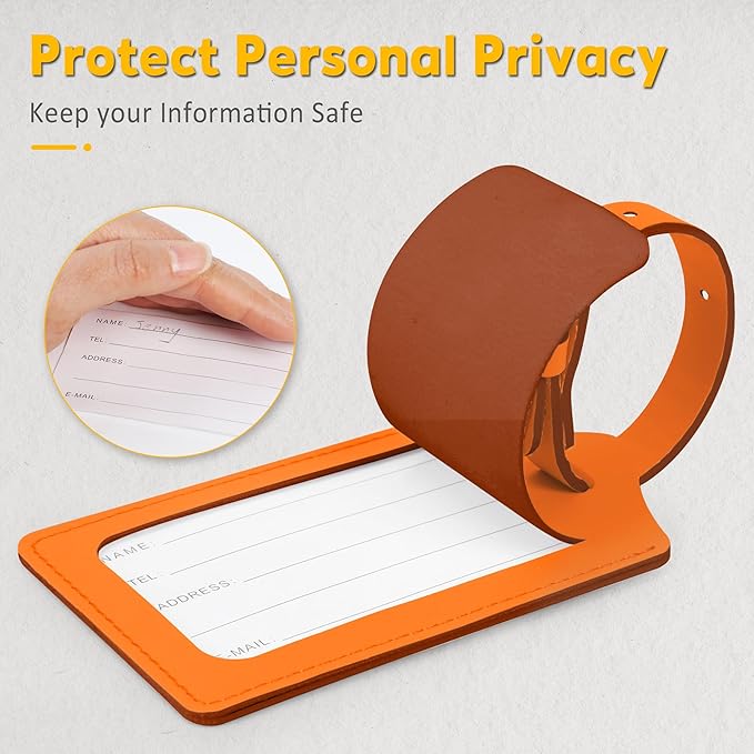 Travelambo Luggage Tags for Suitcases Faux Leather Privacy Protection 2 Pack Bag Tags Travel Accessories Essential, Hot Orange