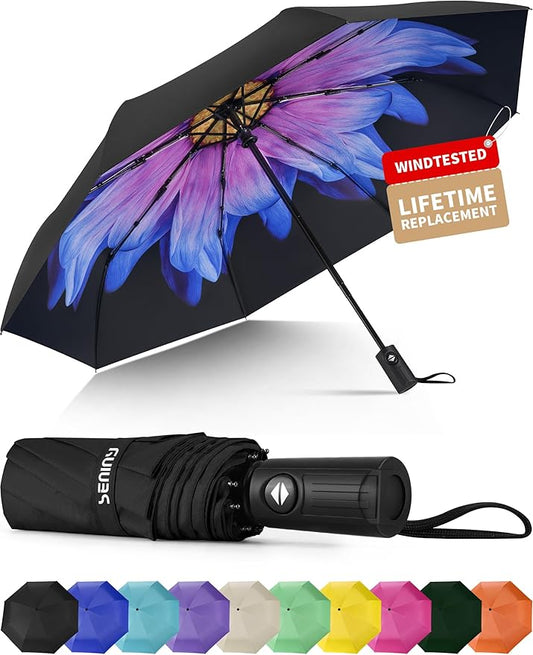 Seniny Windproof Travel Umbrella, Automatic Umbrellas for Rain, Portable & Compact Umbrellas for Backpack, Strong UV for Protection, Folding Small Sun Umbrella for Car, Walking