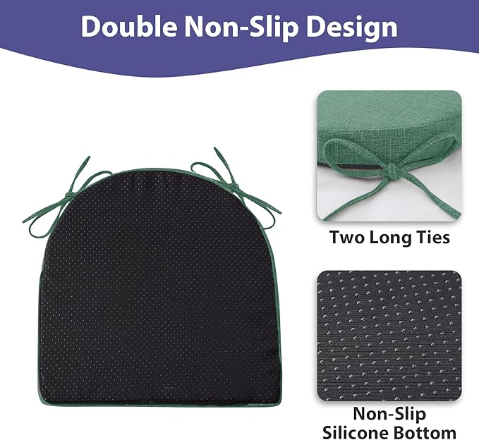 Chair Cushions for Dining Chairs with Ties and Removable Cover, Dining Kitchen Chair Pads with Non-Slip Bottom, High-Resilience Indoor Seat Cushions, 16'' x 16'' x 2'', Set of 4, Dark Green