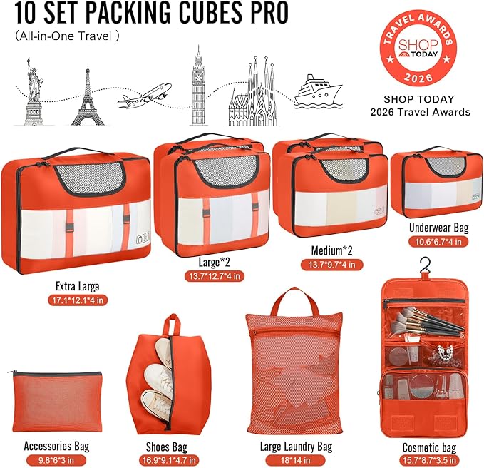 Veken 10 Set Packing Cubes for Travel Essential, Suitcase Organizer Bags in 4 Sizes, Carry-On Luggage Accessories with Large Laundry & Hanging Toiletry Bag, Must-Have for Airplane, Road Trip & Camping