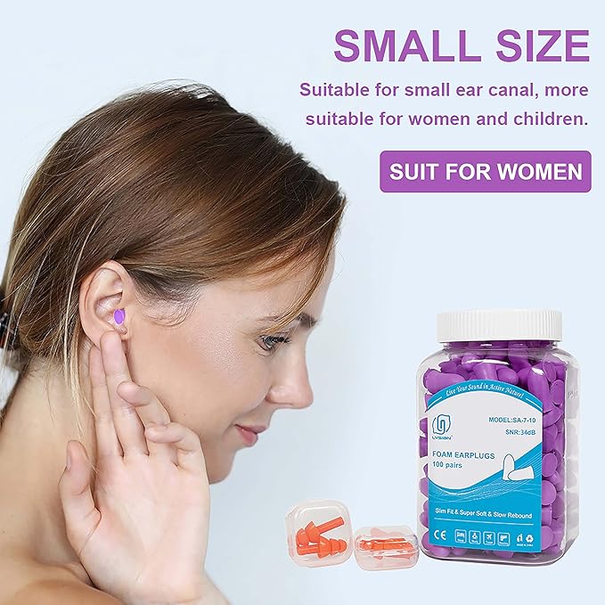 LYSIAN Slim Size Foam Ear Plugs for Small Ear Canals Women, Kids, 100 Pairs, 35dB SNR Noise Canceling Earplugs for Sleeping, Work and Study (Purple)