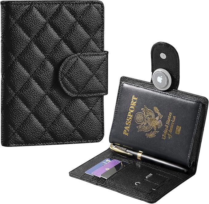 Passport Holder for Travel RFID Passport Holder with Airtag Compact Leather Passport Cover Case with Card Holders SIM Slots Passport Wallet for Women Men Airport Essentials Gift