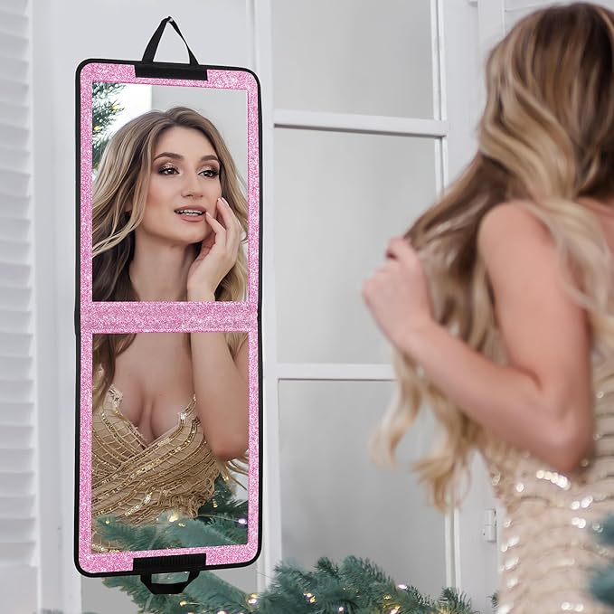LPHUMEX Glitter Purple Folding Full Length Mirror, 13x33 inch Foldable Travel Body Mirror for Dance, Festivals, Fair Booth