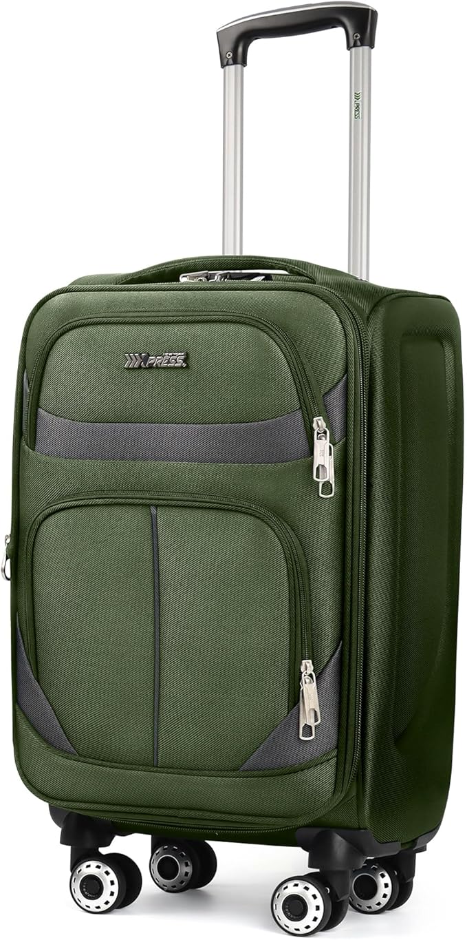 24'' Softside Expandable 15% Rolling Luggage with Double Spinner Wheels & w/LOCK,Lightweight Travel Luggage for Men Women（Green-Grey,24in）