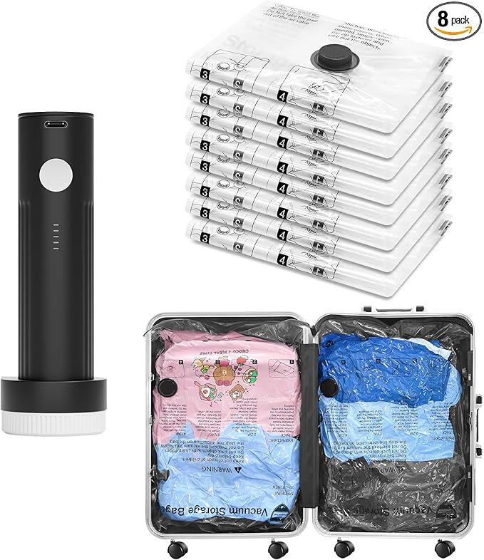 Vacuum Bags for Travel with Rechargeable Pump, 8 Large Compression Packing Seal Bags for Luggage Suitcase, Space Saver for Clothing and Clothes Storage Travel
