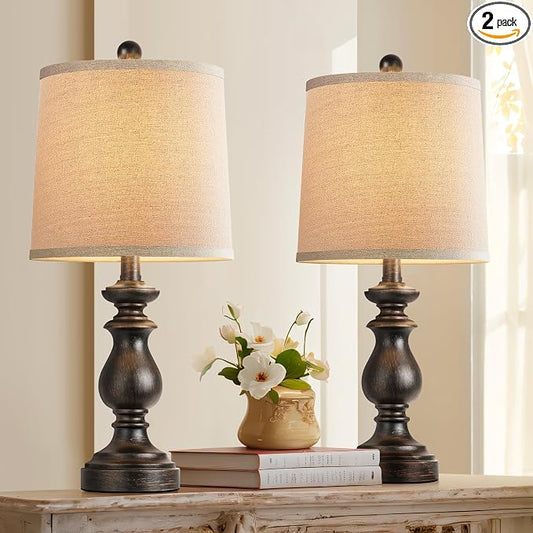 Traditional Table Lamp Set of 2, Rustic Farmhouse Table Lamps for Living Room Bedroom, 22" Bedside Desk Lamps Vintage Nightstand Lamps with Linen Shades, Oil Rubbed Bronze