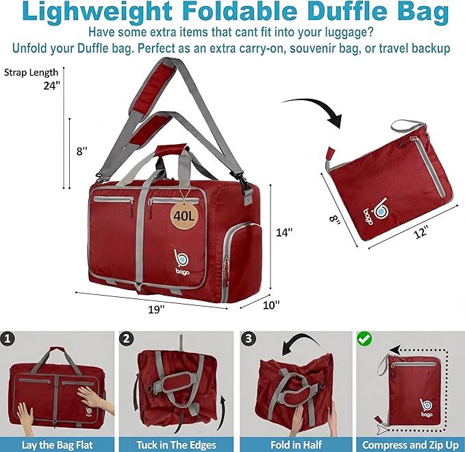 Bago Compact Duffle Bag for Travel Women & Men. Durable Lightweight Foldable Travel Duffel Bags For Traveling Women. 40L Duffle Bags a Reliable Weekender duffel or Overnight Bag With Shoe Compartment