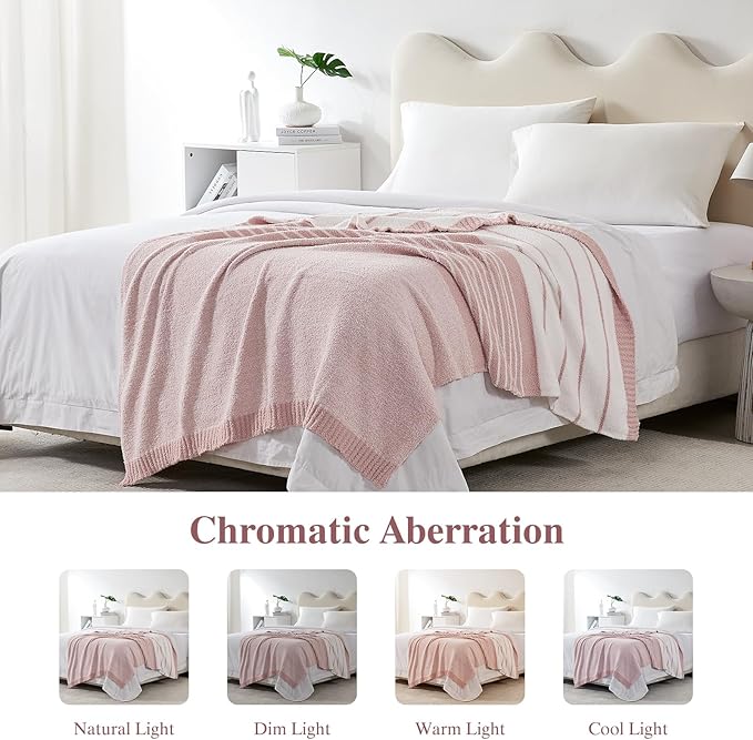 Throw Blanket, Pink White Soft Cozy Fluffy Striped Throw Blankets for Couch, Sofa, Bed, Chair, Warm Fuzzy Plush Lightweight Decorative Stripe Blanket, 50x60 inches