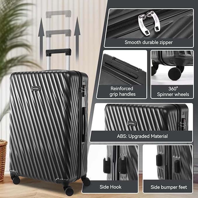 Hoteel Luggage Sets 3 Piece Hardside, 4-Year Warranty, Luggage Set with Spinner Wheels, TSA Lock, Wet/Dry Separation Compartment, Lightweight Carry on Luggage, 20"/24"/28" Suitcase, Black