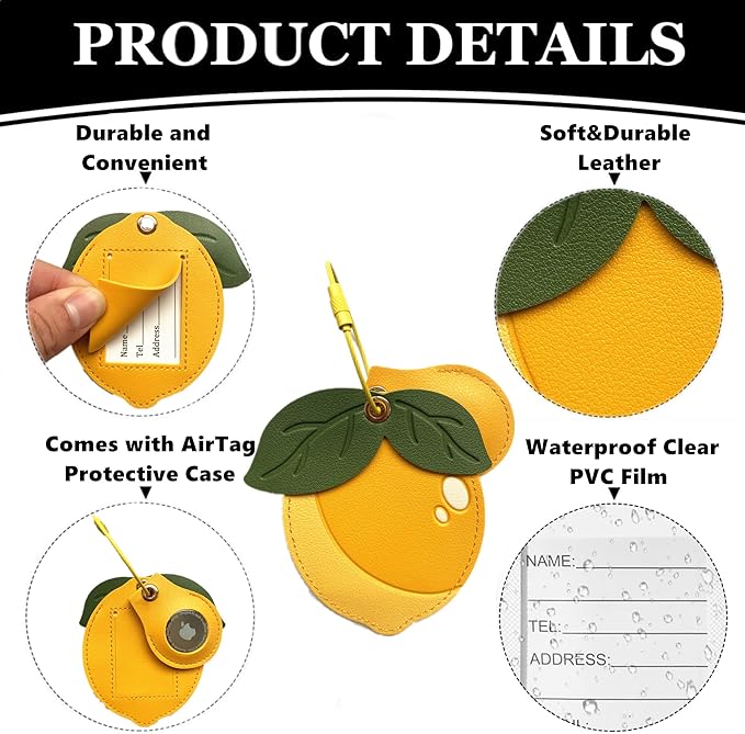 Cute Leather Luggage Tag Holder with Airtag Case Set,Hidden Compartment for AirTag Travel Suitcase Tracking Case with Stainless Steel Loop,Name ID Label(Lemon)