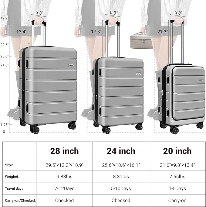 SmileLine 3-Piece Luggage Set Lightweight Hardside Suitcase TSA Lock Spinner Wheels, 20" Expandable Carry-On Luggage with Quick Access Front Open Pocket, Bonus Makeup Bag,Silver