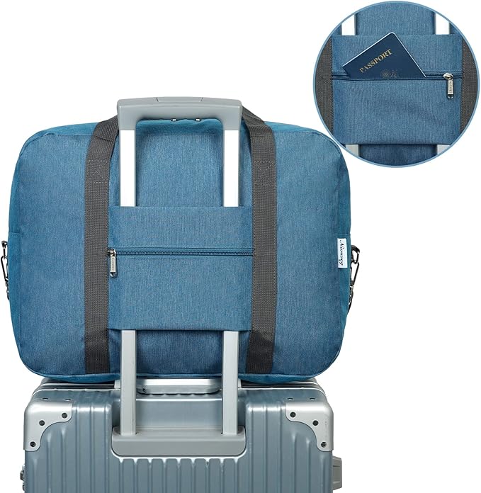 For Spirit Airlines Personal Item Bag 18x14x8 Foldable Travel Duffel Bag Tote Foldie Duffle Carry on Luggage for Women and Men 30L (Navy Blue (With Shoulder Strap))