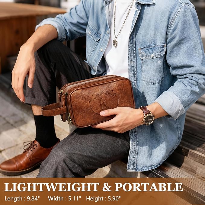 Travel Toiletry Bag for Men,Mens Shaving Bags for Toiletries,Men's Toiletry Travel Bag PU Leather,Personalized Travel Essentials,Birthday Gifts For Men,Brown- K