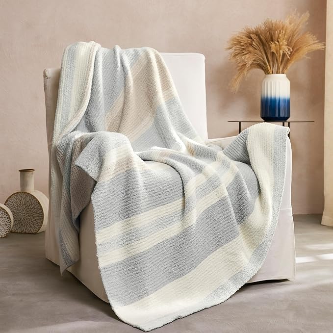 Throw Blanket, Soft Cozy Fluffy Striped Throw Blankets for Couch, Sofa, Bed, Chair, Warm Fuzzy Plush Lightweight Decorative Stripe Blanket, Grey Khaki, 50x60 inches