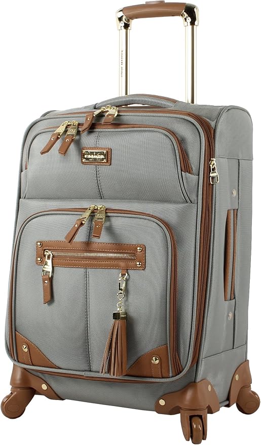 Steve Madden Designer-Gepckkollektion Leichter Softside-Koffer fr Damen und Herren strapazierfhige 50,8 cm groe Tragetasche mit 4 rollenden Spinner-Rdern, Harlo Gray, 21.5 inches, Carry on Bag With