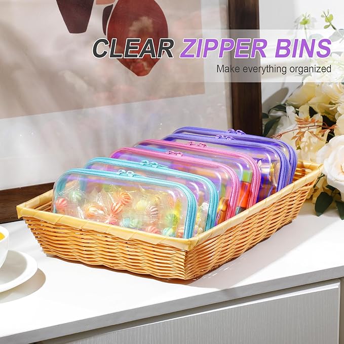 Sanwuta 6 Pcs Clear Hard Zipper Case Plastic Zipper Pouches Transparent Makeup Bag Pencil Case Pouches Toiletry Diaper Bag for Travel Toy Storage Organizer Bins(Holographic,7.48 x 3.94 x 2 Inch)