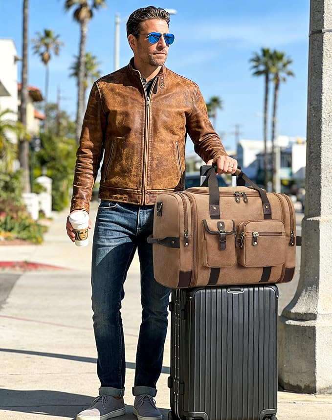Canvas Duffle Bag for Travel, 55L Weekender Overnight Bag for Men & Women, Vintage Carry on Bags for Airplanes