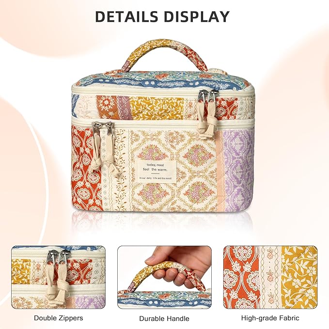 Makeup Bag, Portable Travel Make up Bag, Large Capacity Quilted Cosmetic Organizer Bag, Cute Floral Toiletry Bag for Women Girls (Color Flowers)