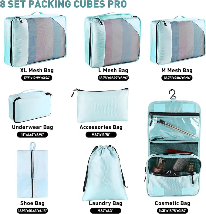 8-Piece Packing Cubes for Travel, 2026 Upgraded Durable Zippers & Reinforced Mesh, Complete Luggage Organizer Set with Shoe/Toiletry/Laundry Bags, 4 Sizes for Suitcase, Men Women, Lake Blue
