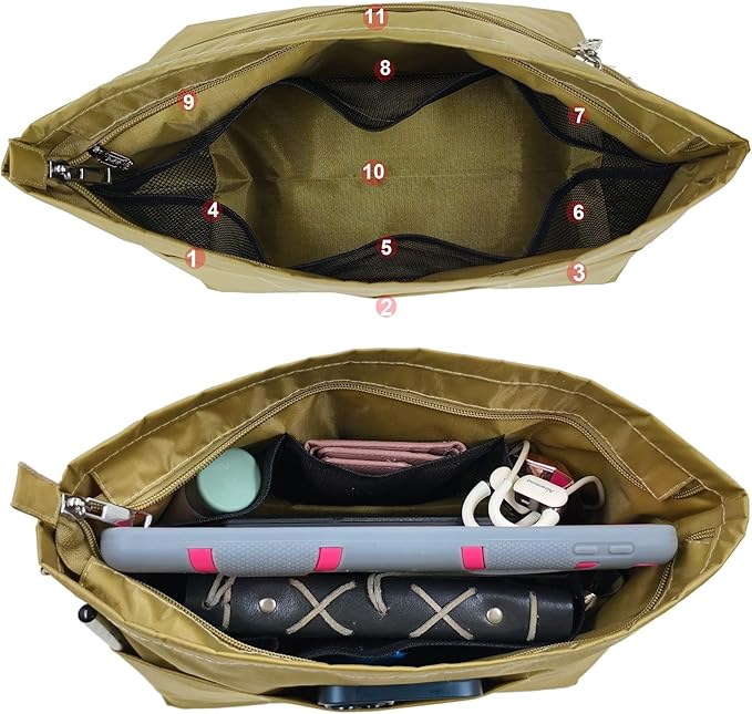Time Wing Handbag Tote Purse Organizer Insert Bag Liner Shaper Pocketbook Divider Zipper 11 Pockets Compartments Small Khaki Green