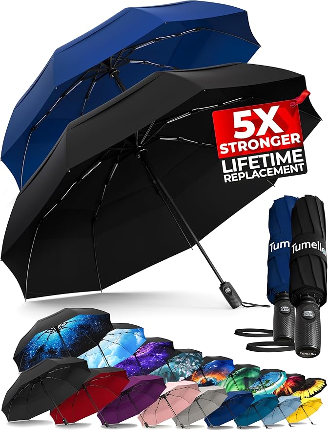TUMELLA Strongest Windproof Travel Umbrella (Compact, Superior & Beautiful), Small, Wind-Tested, Light & Portable, Automatic Folding Rain Umbrella, Durable Premium Grip, Fits Car and Backpack