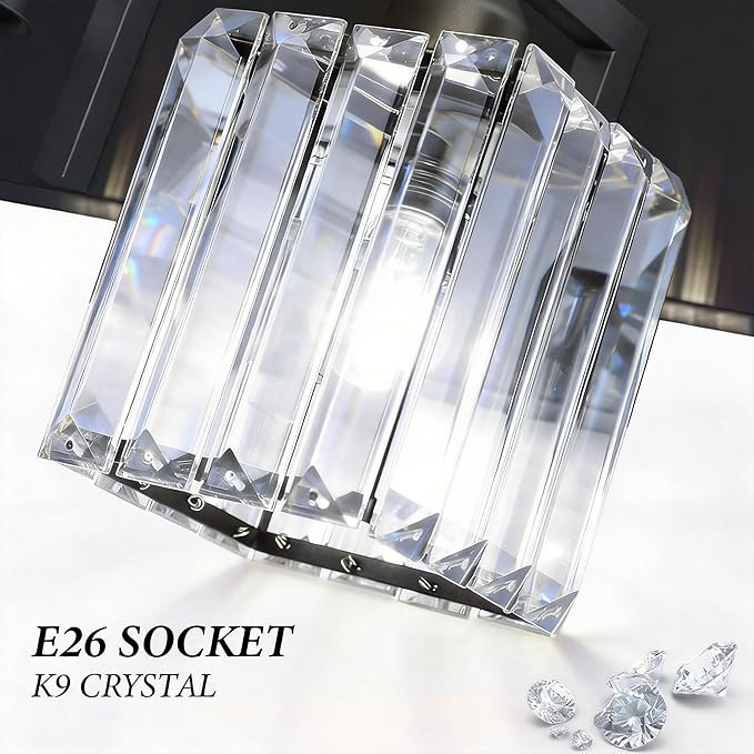 Black Crystal Bathroom Vanity Light, 6-Light Modern Bathroom Lighting Fixtures Over Mirror, Matte Black Wall Sconce Light Fixtures with Square Shade