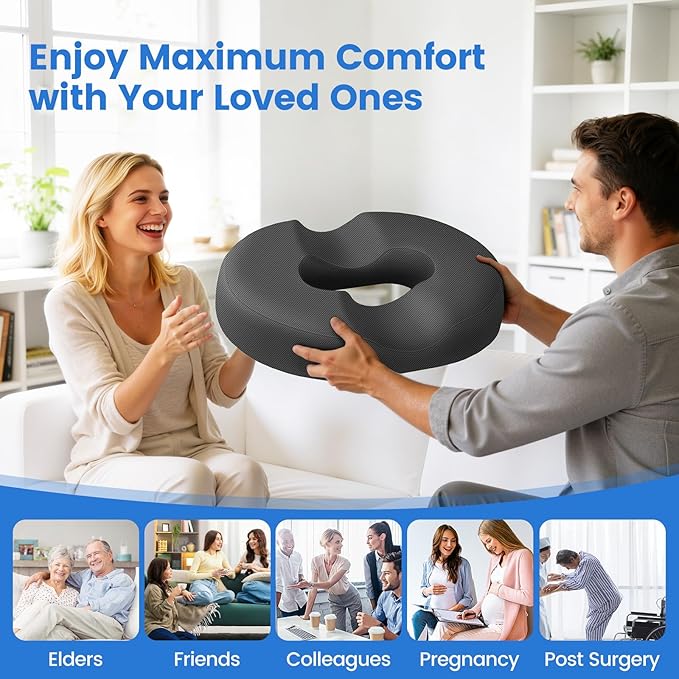 Donut Pillow for Tailbone Pain, Hemorrhoids - Cooling Gel Memory Foam Chair Seat Cushion for Office, Home & Wheelchair, Ergonomic Chair Pad for Pregnancy, Sciatica, Coccyx (Large, Grey)