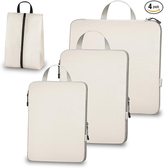 Compression Packing Cubes for Travel, Set of 4 Expandable Luggage Organizers with Shoe Bag, Lightweight Water-Resistant Suitcase Essentials for Carry-on & Checked Luggage, Cream