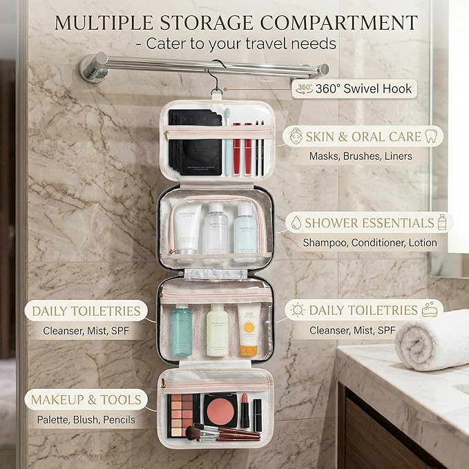 MODENGKONGJIAN Travel Toiletry Bag - Hanging Toiletry Bag for Women, Waterproof Makeup Cosmetic Bag Travel Organizer for Accessories, Shampoo, Full-size Container, Toiletries (Beige)