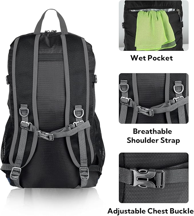 WATERFLY Lightweight Packable Hiking Backpack: 30L Foldable Travel Daypack Ultralight Camping Day Pack for Woman Man