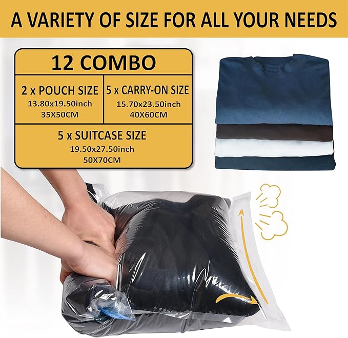 Cozy Essential Compression Bags for Travel - Travel Essentials - 12 Pack Space Saver Plastic Packaging Bags - No Vacuum Needed - Compression Packing Bags for Cruise Accessories