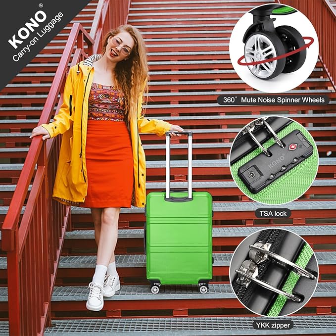 Kono Luggage Set 4 Piece Carry On Lightweight PC+ABS Hardside Luggage with TSA Lock Spinner Wheels Carry On Suitcase Apple Green