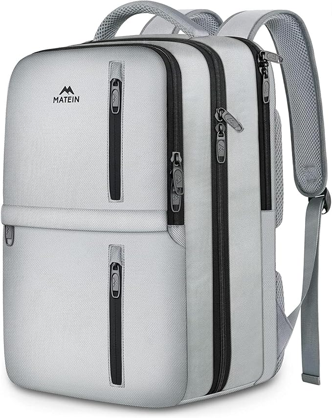 MATEIN Travel Backpack for Women & Men, Airline Approved Carry on Backpack for Airplanes with Shoe Compartment, Large Personal Item Travel Bag fits 17" Laptop, Water Resistant Weekender Daypack, Gray