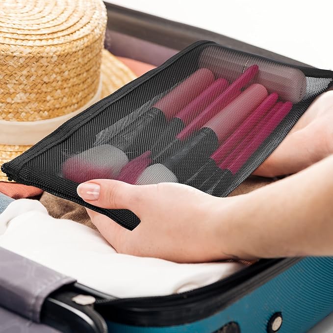 Outus 15 Pieces Mesh Bags Pouch Mesh Zipper Pouch Makeup Bags Cosmetic Travel Organizer Zipper Pencil Case for Organizing Office travel Storage(9.84x7.09, 7.87x3.94, 5x3.94 Inches,Black)