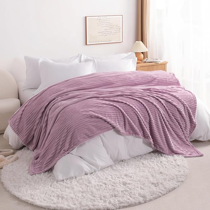 NTBAY Plush Flannel Twin Bed Blanket, 60X80 Inches Soft and Warm Lightweight Blanket with Striped Texture Bed Blanket for Couch Sofa Bed All Seasons, 60"x80", Light Purple
