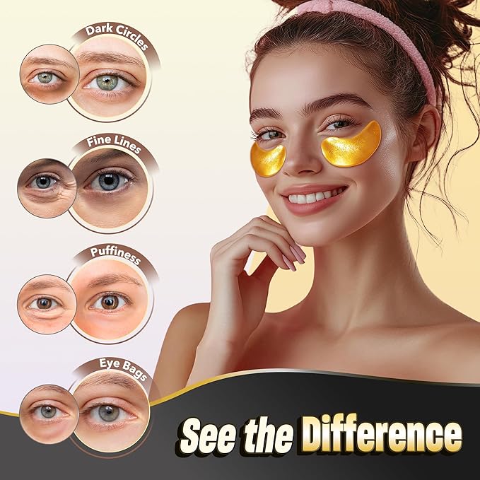 102 Pcs 24K Gold Under Eye Patches for Puffy Eyes, Dark Circles, Bags & Wrinkles with Sodium Hyaluronate - Eye Care Pads for Daily Skincare