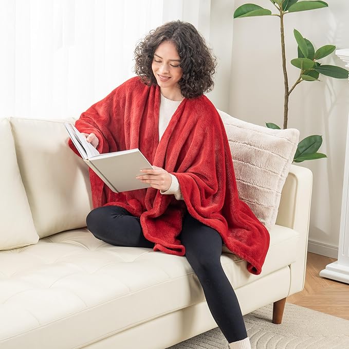 Berkshire Blanket Primalush™ Wearable Blanket, Cozy Loungewear Pocketed Plush Cape Wrap for Adults & Teens(Chili, One Size 58"X64")