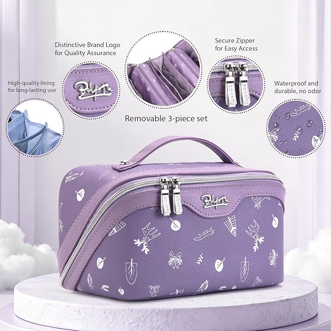 BOYATU Travel Makeup Bag Cosmetic Bags for Women: 3 Pcs Set Portable Make up Bag with Handle - PU Leather Toiletry Bags with Compartments - Makeup Organizer for Travel Essentials(L-3-Purple)