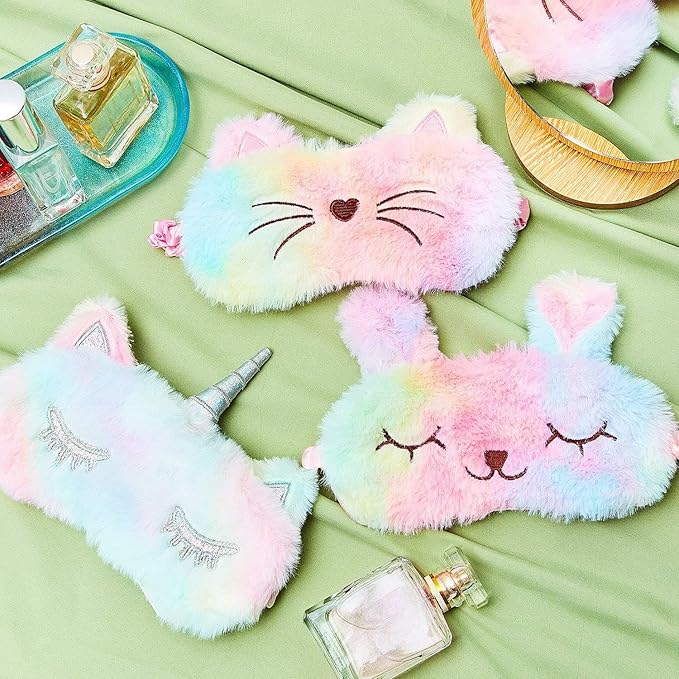Geyoga Sleep Mask for Kids, Girls Plush Sleeping Eye Cover Soft Eye Blindfold Cover Animal Shade for Kids (Rainbow Color,Cat and Unicorn Style)