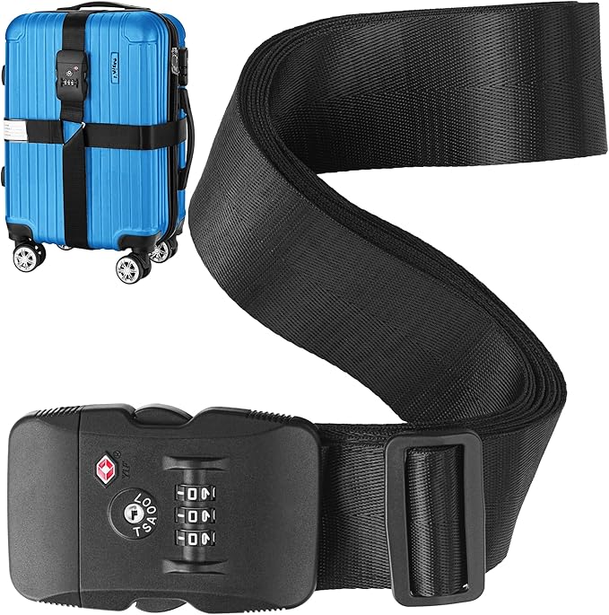 BlueCosto - Luggage Strap with TSA Lock - 7 to 13 ft Adjustable, Jet Black - TSA Approved Suitcase Security Belt with 3 Digit Combination Locking - 2" Wide Heavy Duty Baggage Strap for Secure Travel