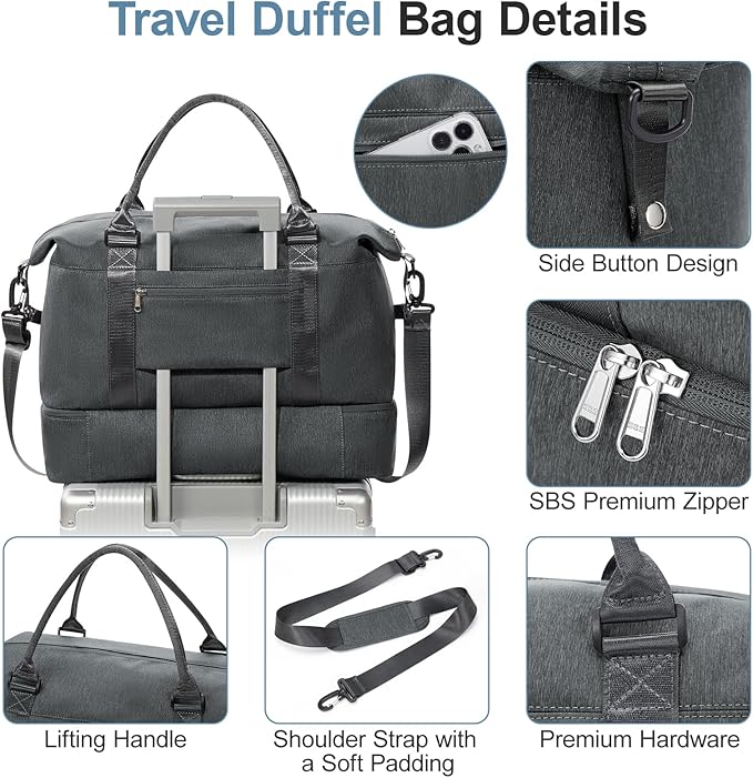 Weekender Bags for Women,Vacuum Overnight Travel Duffel Bag with Compression Pocket & Air Pump, Personal Item Travel Bag